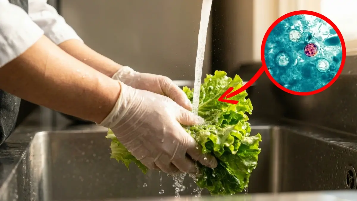 Person rinsing fresh lettuce with a magnified inset showing the Cyclospora parasite