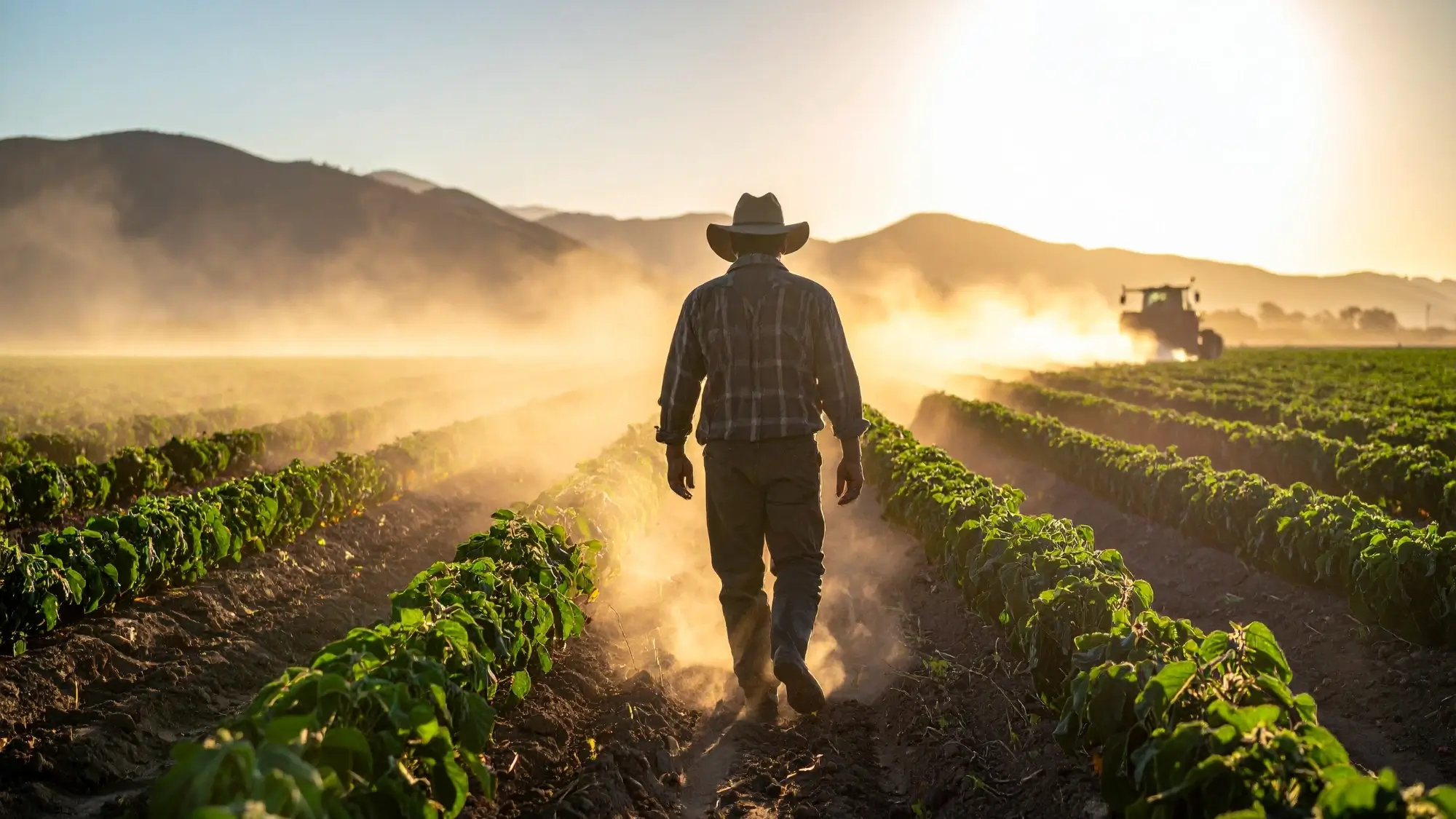 A farm worker walking through a dusty agricultural field in California's Central Valley