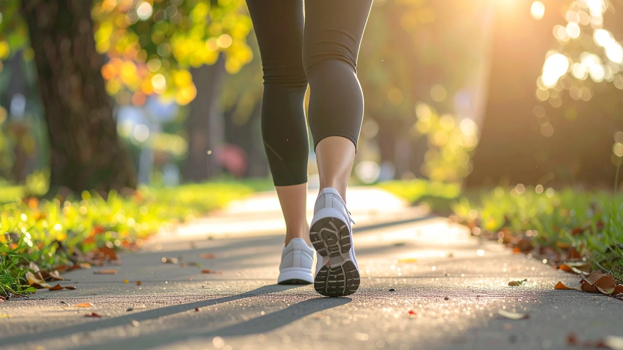 A woman walking on a neighborhood sidewalk