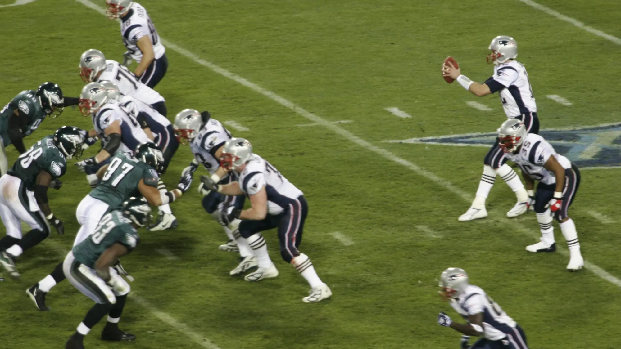 Tom Brady takes a snap for the New England Patriots during Super Bowl XXXIX against the Philadelphia Eagles in 2005.