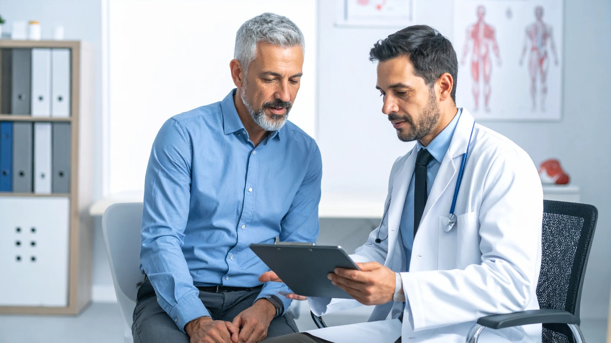 Man discussing enlarged prostate symptoms and treatment options with a urologist