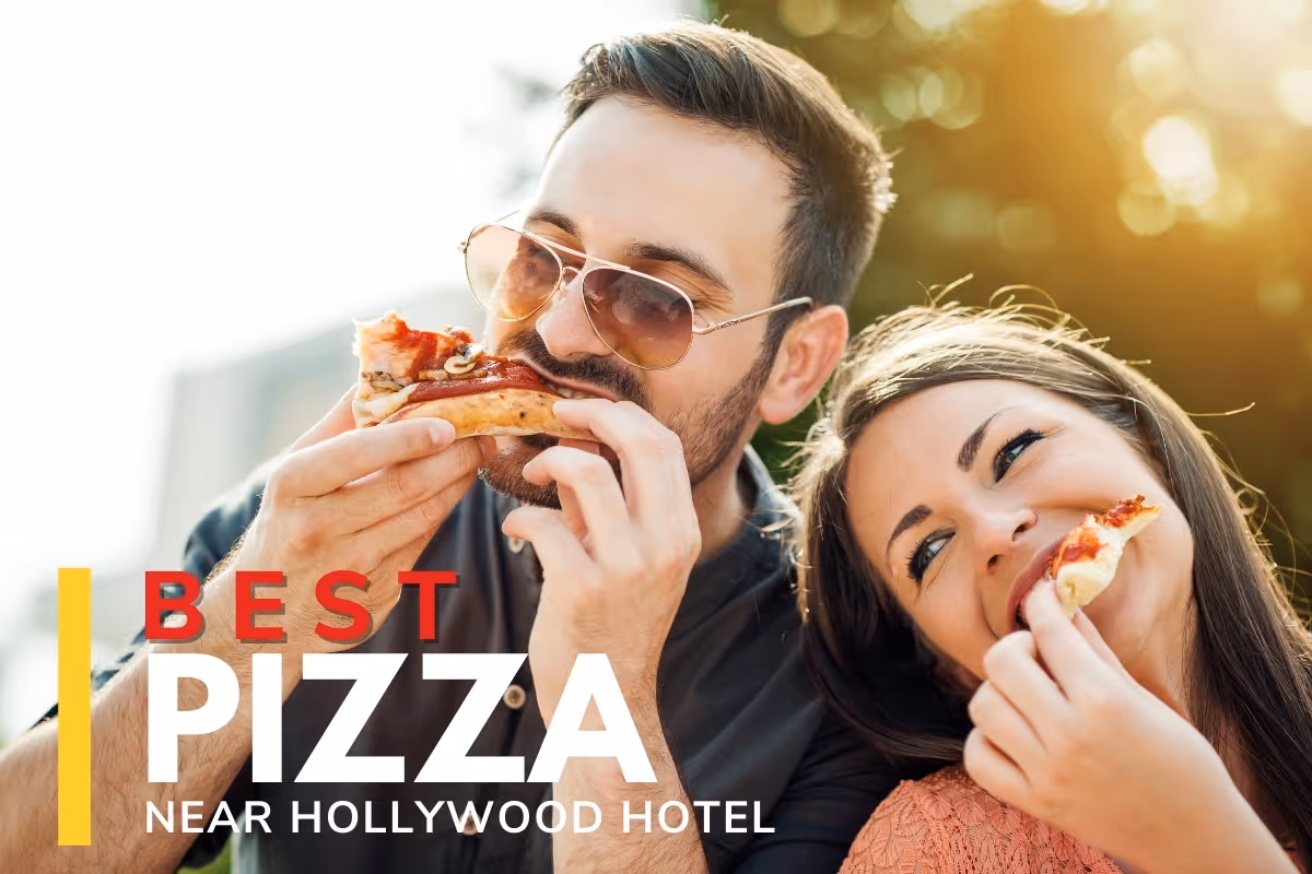 Couple eating pizza outdoors - Best Pizza near Hollywood Hotel