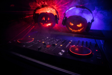 Halloween pumpkins behind the dj station