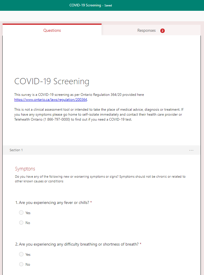 Microsoft forms setting up covid-19 survey