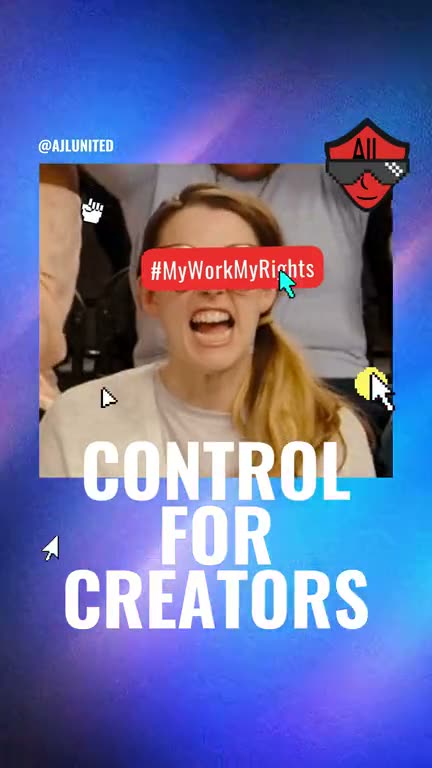 Control for creators. A person with a red #MyWorkMyRights bar across their eyes.