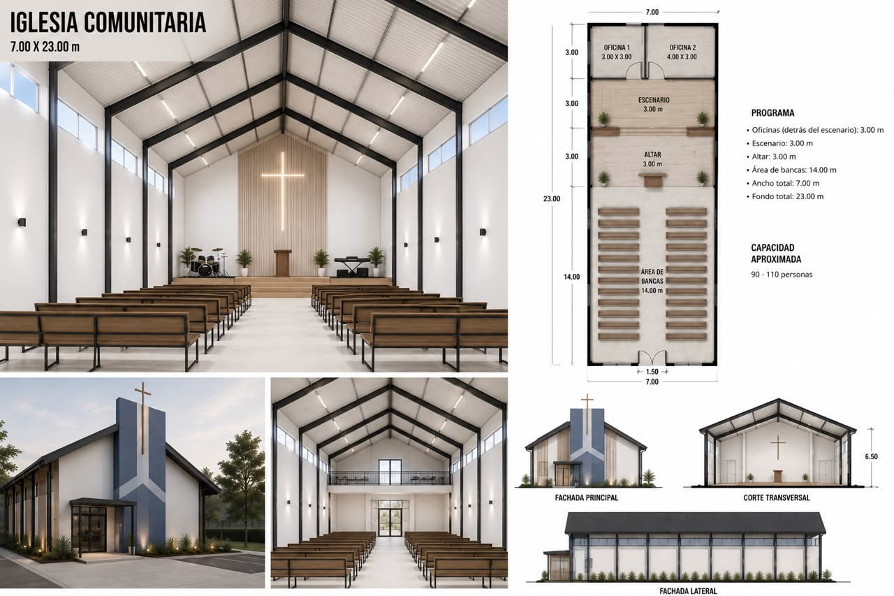 Architectural concept and floor plan for the new church building in Uruapan, Michoacán