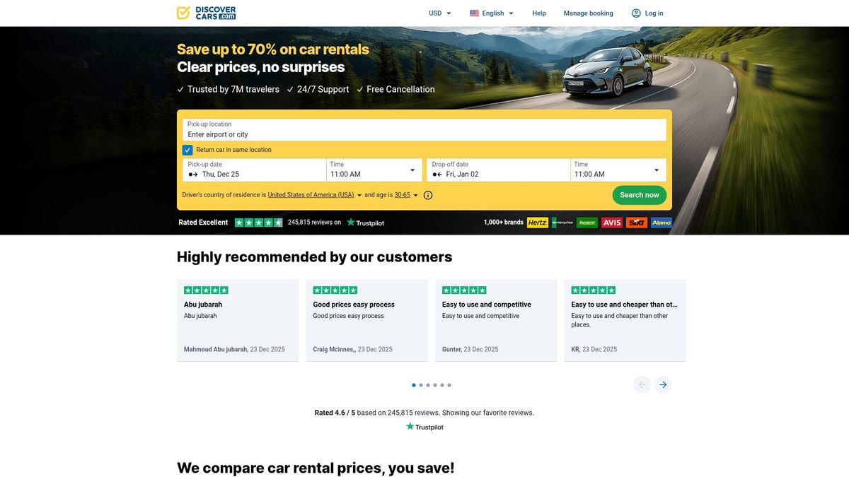 Screenshot of DiscoverCars homepage showing the search bar and vehicle selection