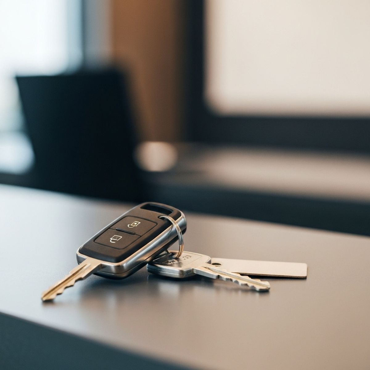 Close up of a hand holding car keys with a blurred rental agency background