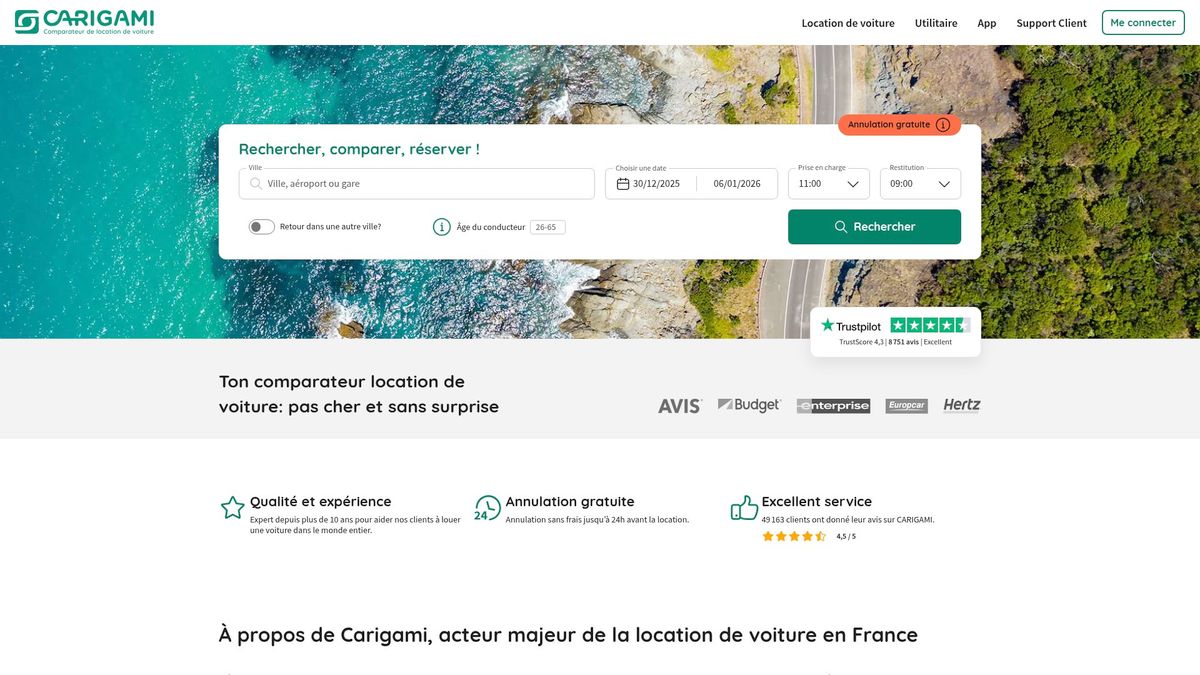 Screenshot of Carigami homepage featuring their customer service number and search tool