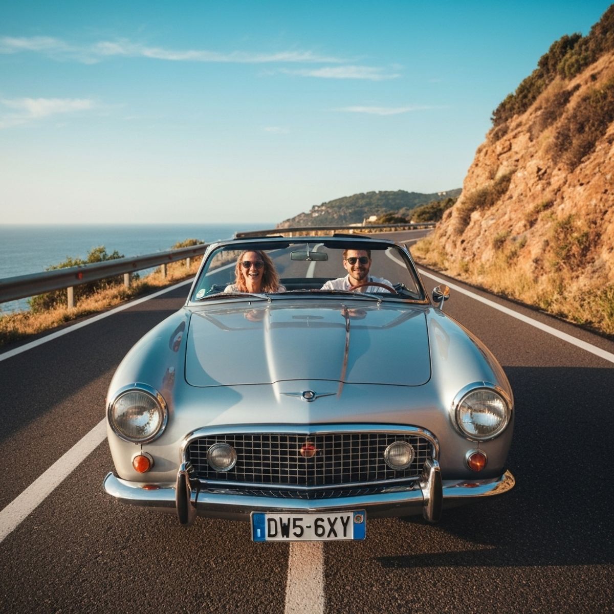 A happy couple driving a convertible car on a scenic coastal road in Europe, sunny day, authentic travel vibe