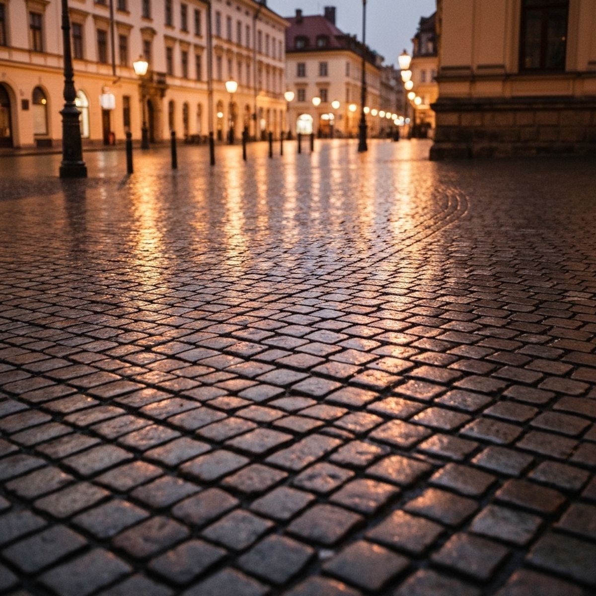 Atmospheric view of a cobblestone street in a Flemish city at twilight with warm lights reflecting on damp stones, authentic travel vibe Atmospheric view of a cobblestone street in a Flemish city at twilight with warm lights reflecting on damp stones, authentic travel vibe