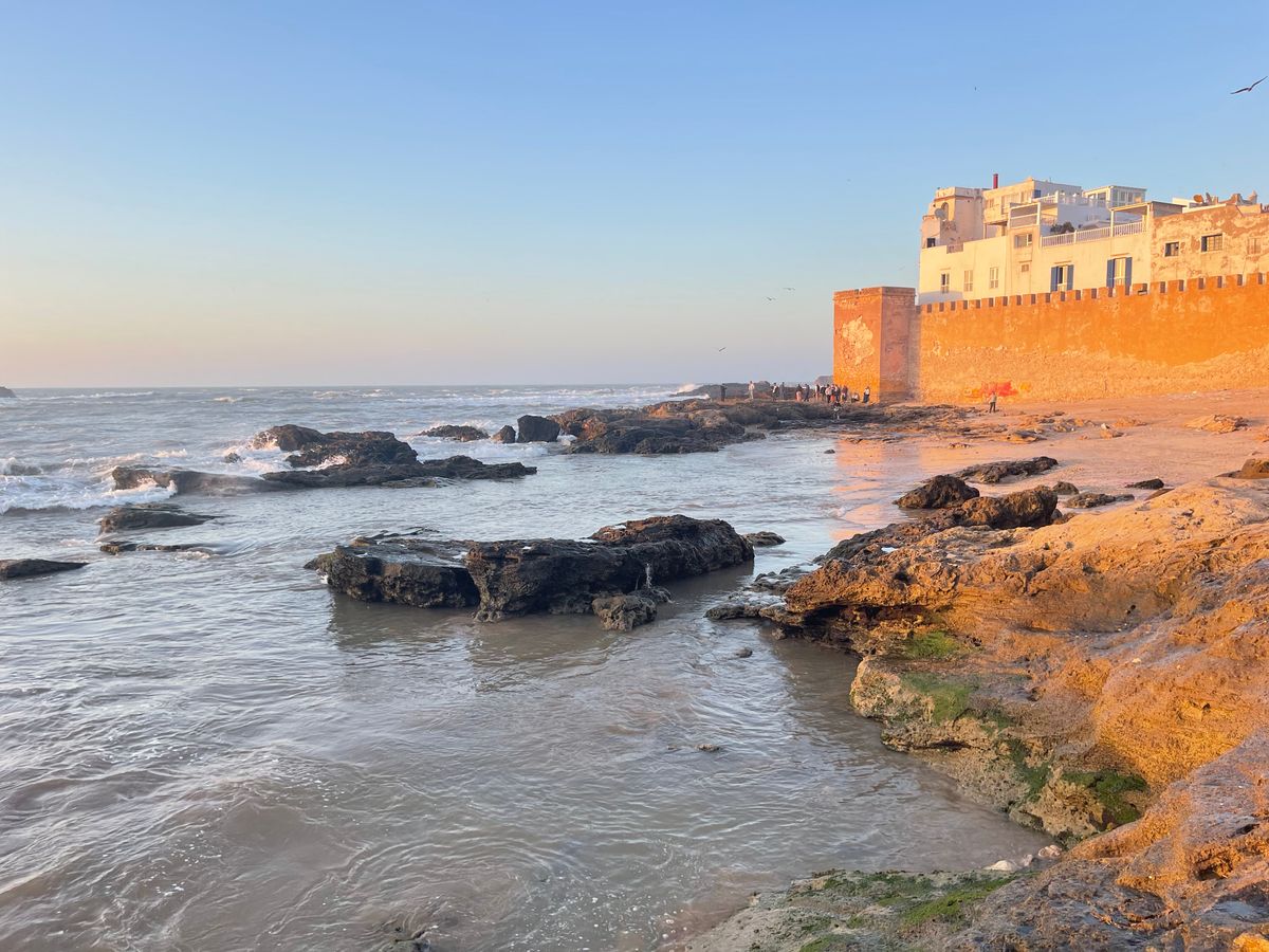 Vue panoramique colorée du port d'Essaouira avec des barques bleues et les remparts en arrière-plan sous un ciel ensoleillé