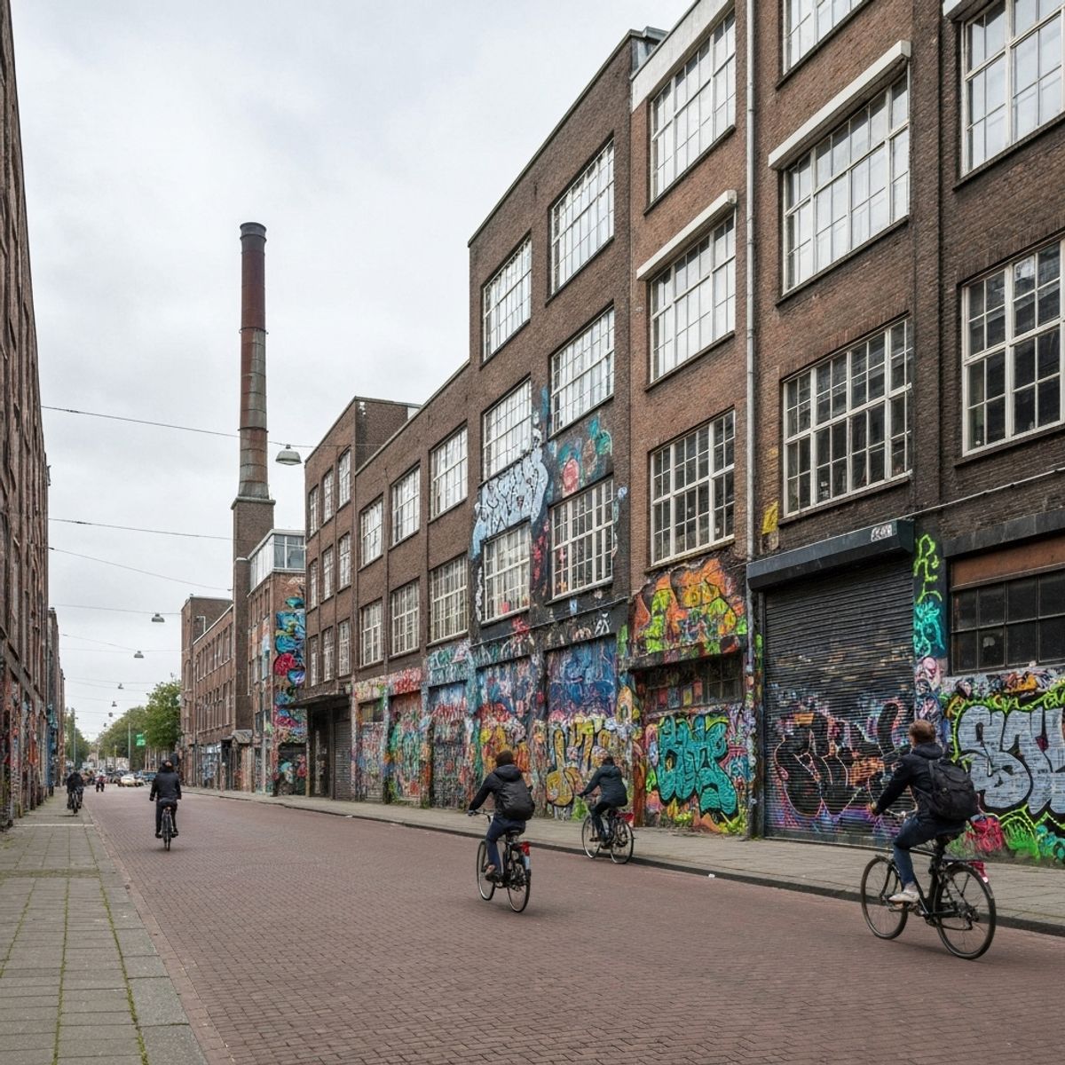 Vue artistique et colorée d'un quartier industriel réhabilité à Amsterdam avec des visiteurs à vélo Vue artistique et colorée d'un quartier industriel réhabilité à Amsterdam avec des visiteurs à vélo