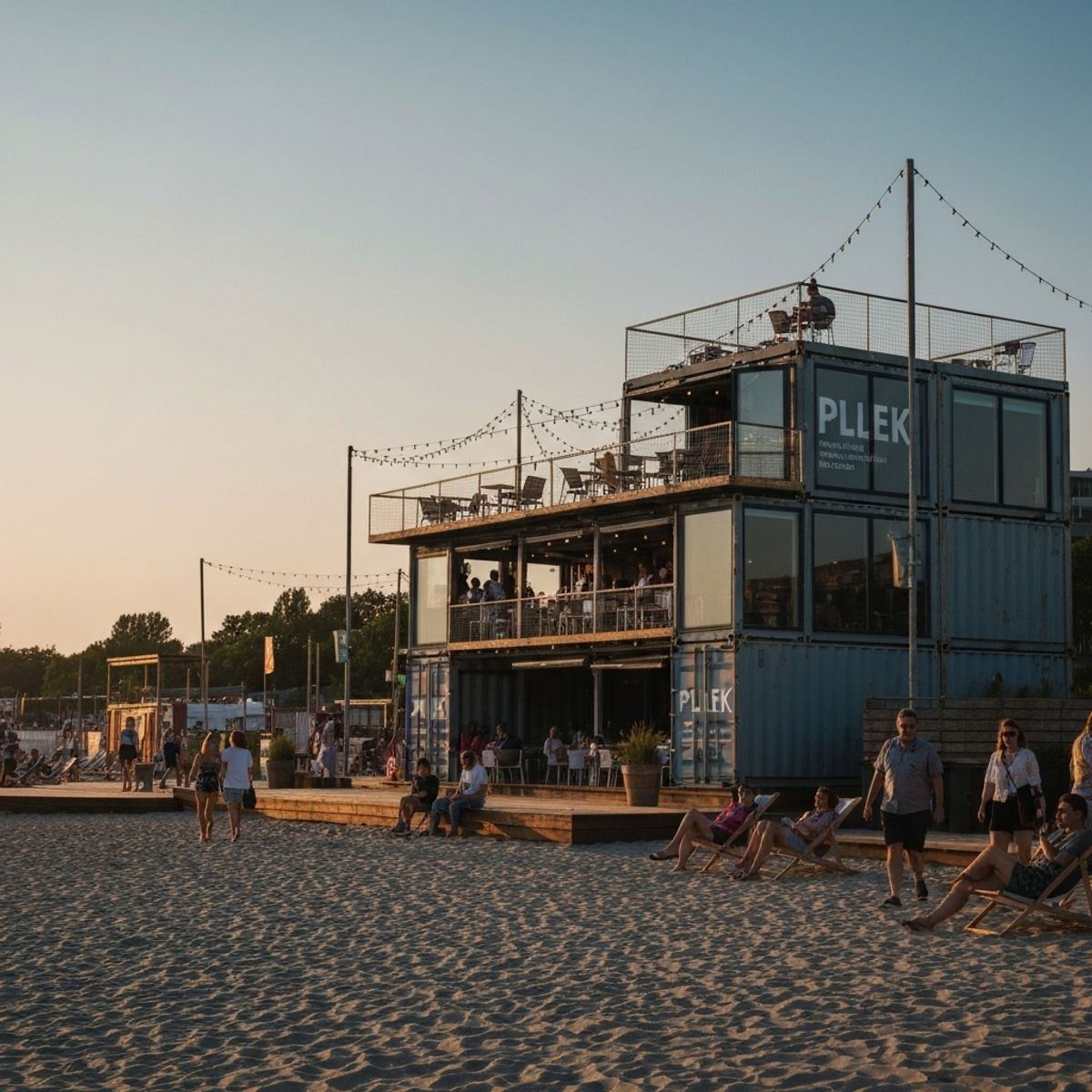 Vue extérieure du restaurant Pllek fait de conteneurs avec des gens assis sur la plage urbaine Vue extérieure du restaurant Pllek fait de conteneurs avec des gens assis sur la plage urbaine