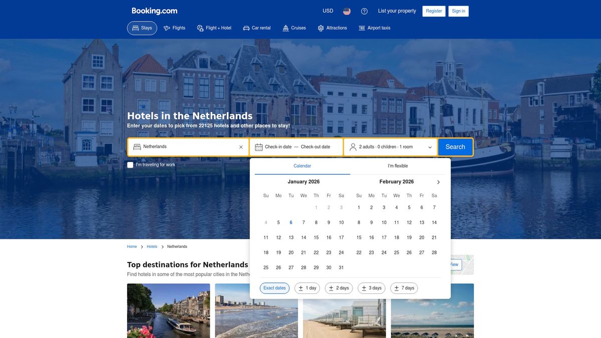 Interface de recherche sur Booking.com montrant des hôtels à Amsterdam Noord Interface de recherche sur Booking.com montrant des hôtels à Amsterdam Noord