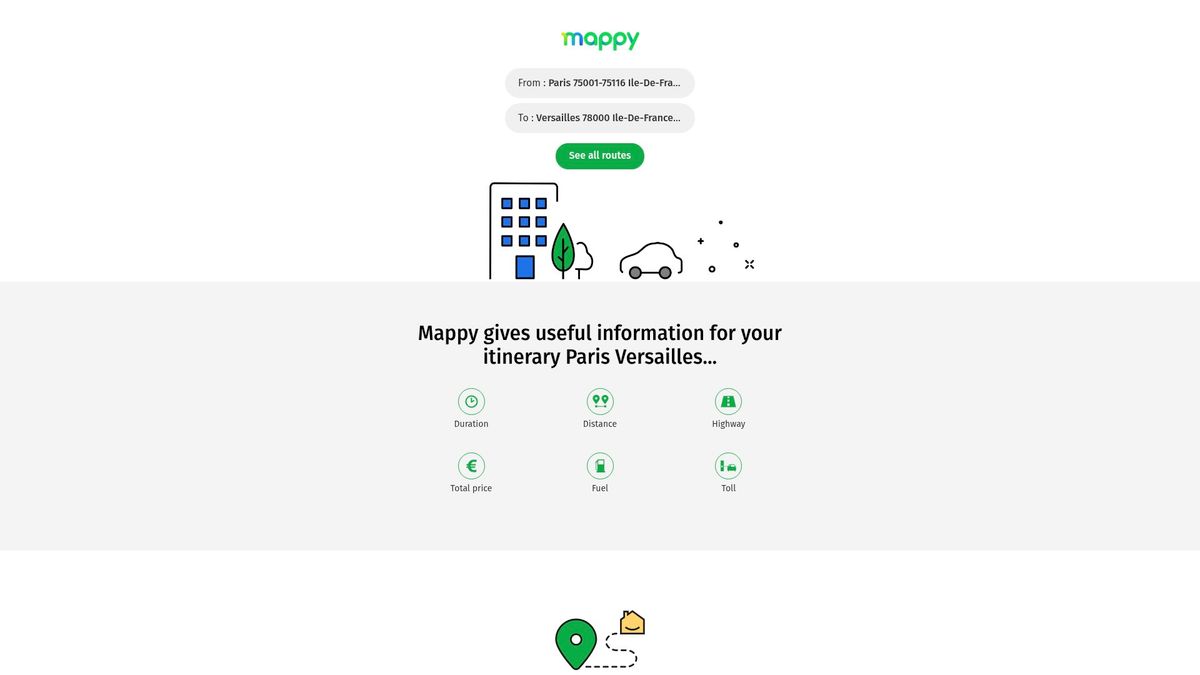 Screenshot of the Rome2Rio website showing the route options from Paris to Versailles with time and cost estimates
