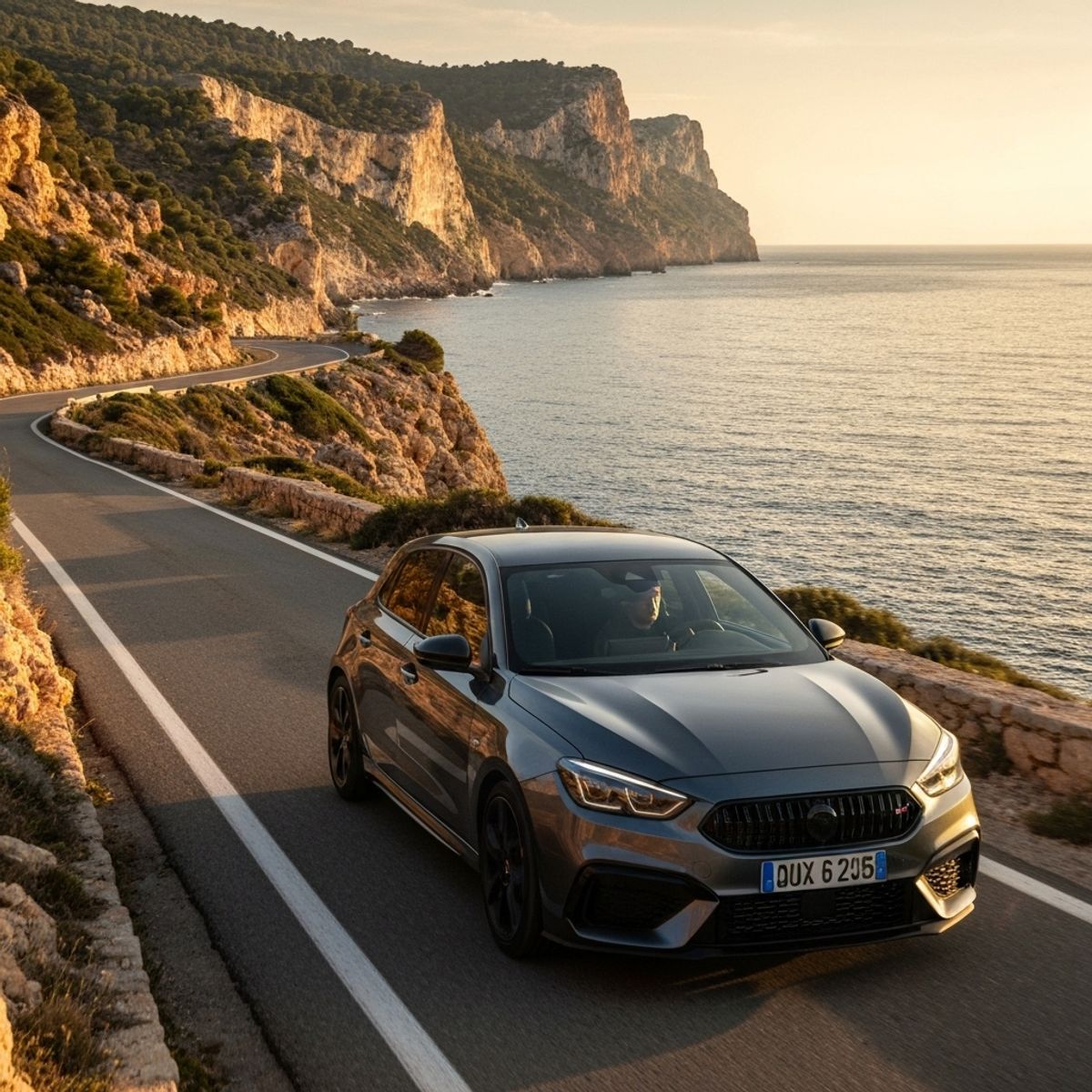 A photorealistic image of a rental car driving on a winding coastal road in Mallorca during golden hour with the sea in the background