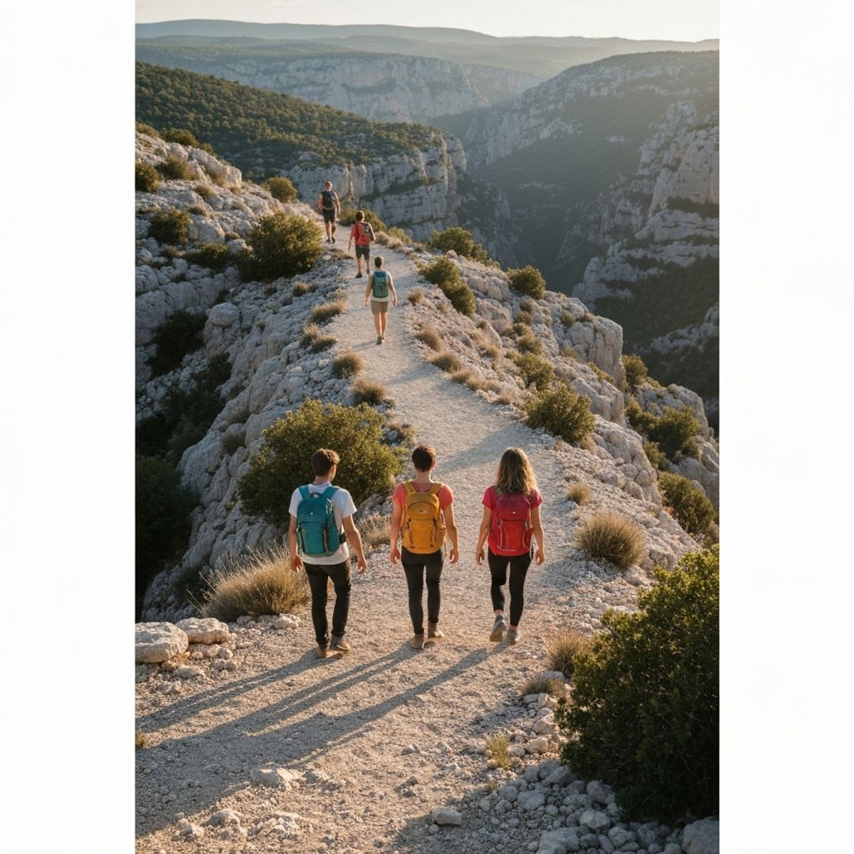 Randonneurs sur un sentier escarpé des Gorges du Verdon avec vue sur le canyon, lumière dorée de fin de journée