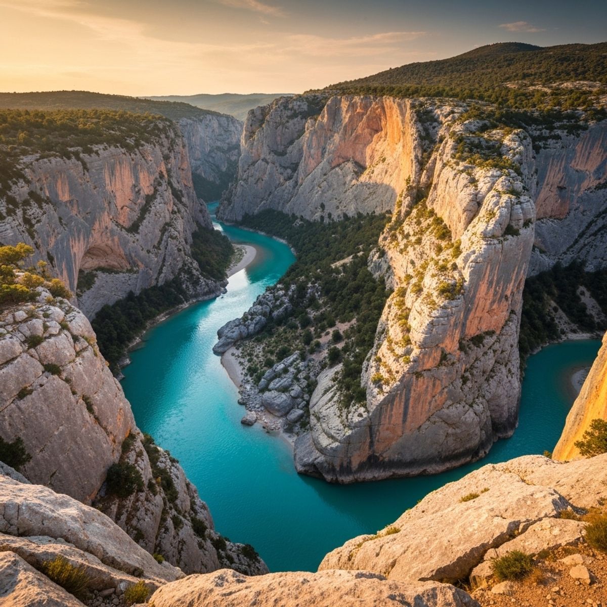 Vue panoramique époustouflante depuis un belvédère des Gorges du Verdon montrant la rivière turquoise en contrebas et les falaises calcaires, style photoréaliste