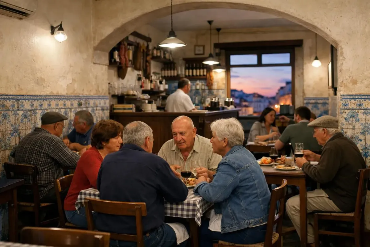 Interior of authentic Portuguese tasca restaurant in Lisbon with locals eating traditional food, weathered azulejo tiles on walls, small wooden tables, family atmosphere in neighborhood like Mouraria or Graça