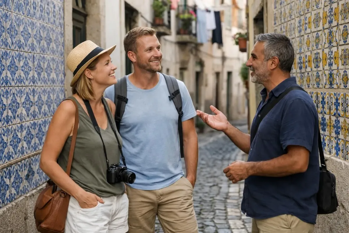 Voyageur européen avec guide local portugais explorant une ruelle pavée étroite de l'Alfama à Lisbonne, murs couverts d'azulejos traditionnels colorés, ambiance chaleureuse et authentique, interaction naturelle entre personnes