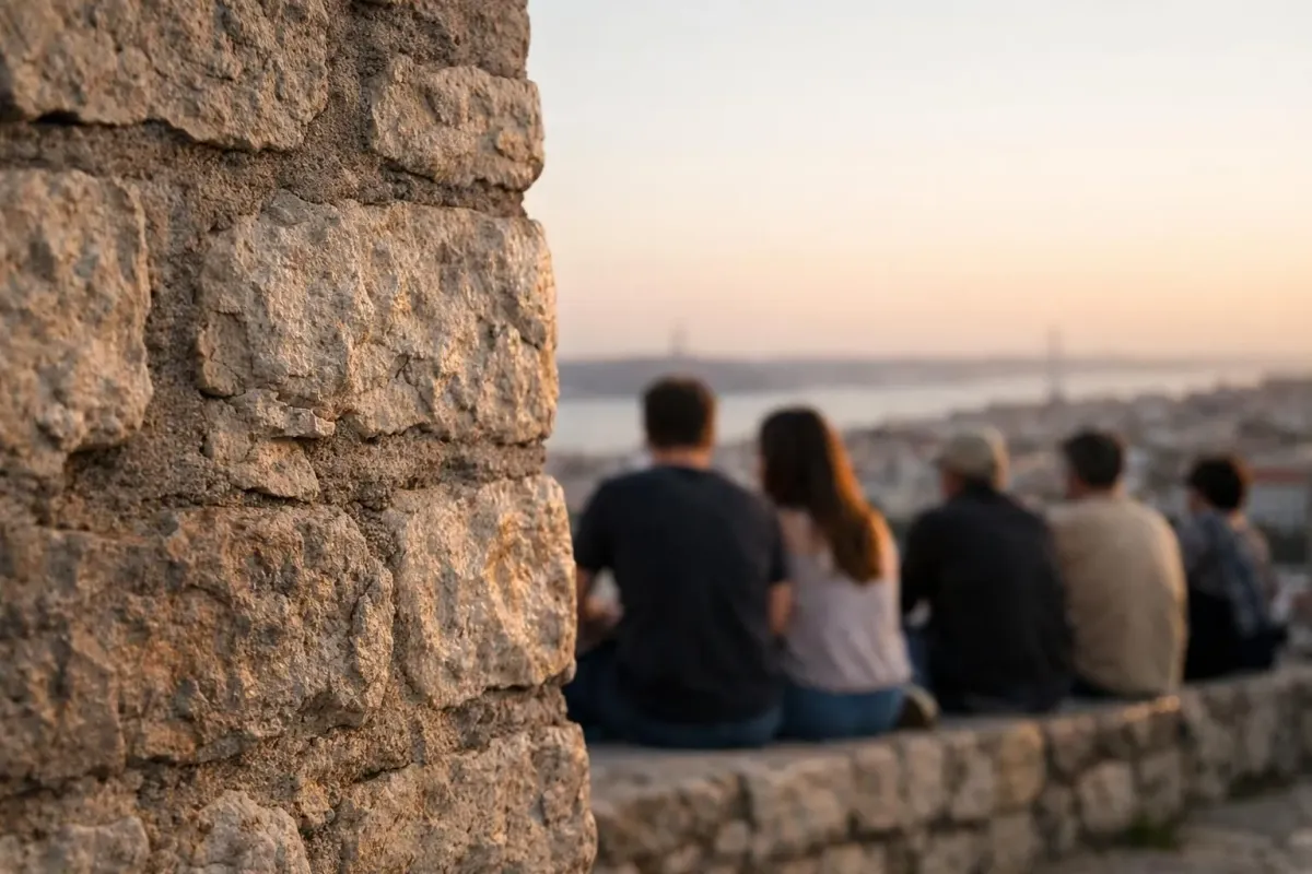 Panoramic sunset view from Miradouro da Senhora do Monte viewpoint in Lisbon, showing golden light illuminating red-roofed buildings and distant Tagus river, small group of people sitting on stone wall watching the dusk, warm evening atmosphere