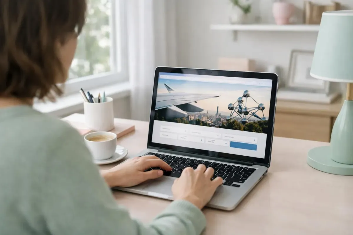 Person at laptop booking flight to Brussels, calendar and flight comparison site visible on screen, coffee cup nearby, natural daylight through window, realistic modern home office setting