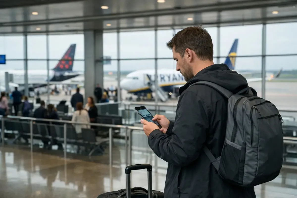 Passenger comparing airline tickets on smartphone in airport terminal with Brussels Airlines and Ryanair boarding gates visible in background