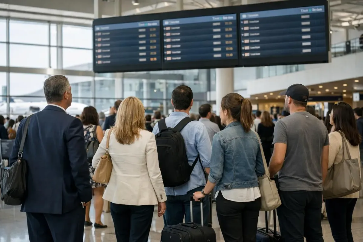 Wide view of modern airport terminal with departure screens displaying multiple Brussels flight options at different prices, diverse travelers in business and casual attire studying flight information boards, realistic lighting showing afternoon travel rush, luggage and boarding passes visible, contemporary European airport atmosphere