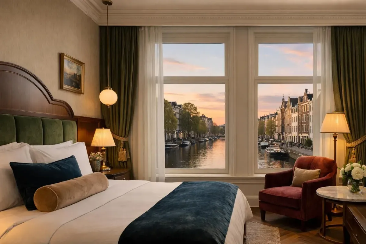 Elegant boutique hotel room interior with refined Dutch design elements, soft lighting, luxurious velvet furnishings, and canal view windows in Amsterdam, showcasing intimate luxury accommodation