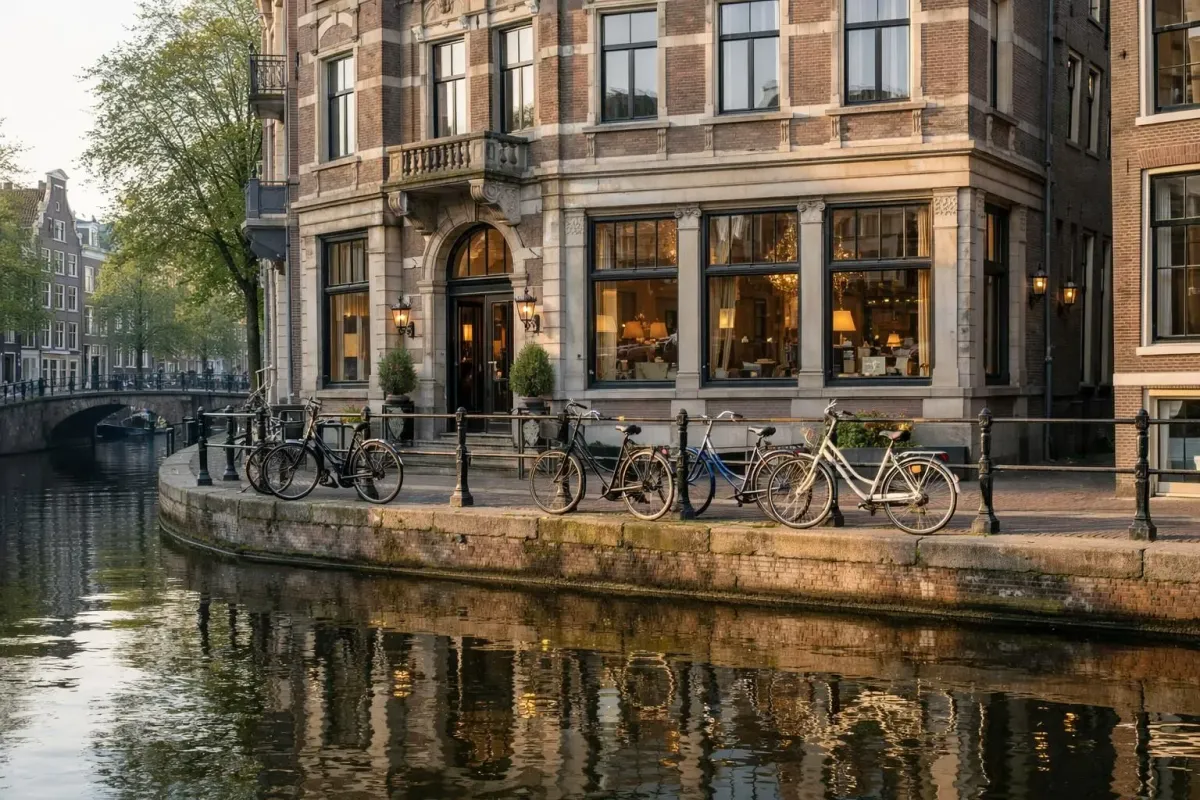 Façade historique d'un hôtel-boutique au bord d'un canal d'Amsterdam avec architecture typique du 17ème siècle, vélos stationnés et reflets dans l'eau calme, lumière matinale dorée créant une atmosphère chaleureuse et authentique