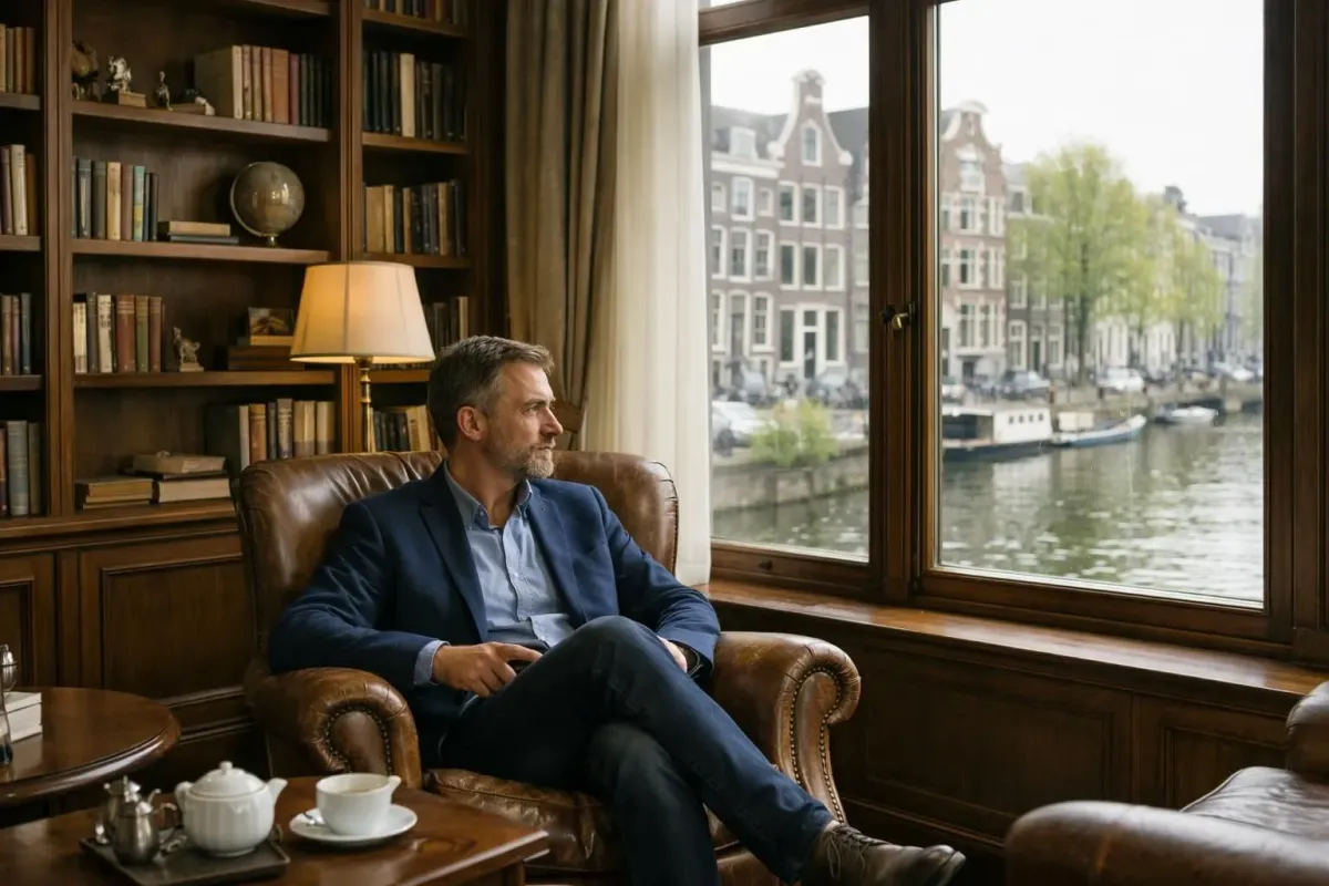 Intérieur cosy d'une bibliothèque d'hôtel historique avec étagères en bois remplies de livres anciens, fauteuils en cuir vintage et lumière naturelle filtrant par de grandes fenêtres donnant sur un canal d'Amsterdam