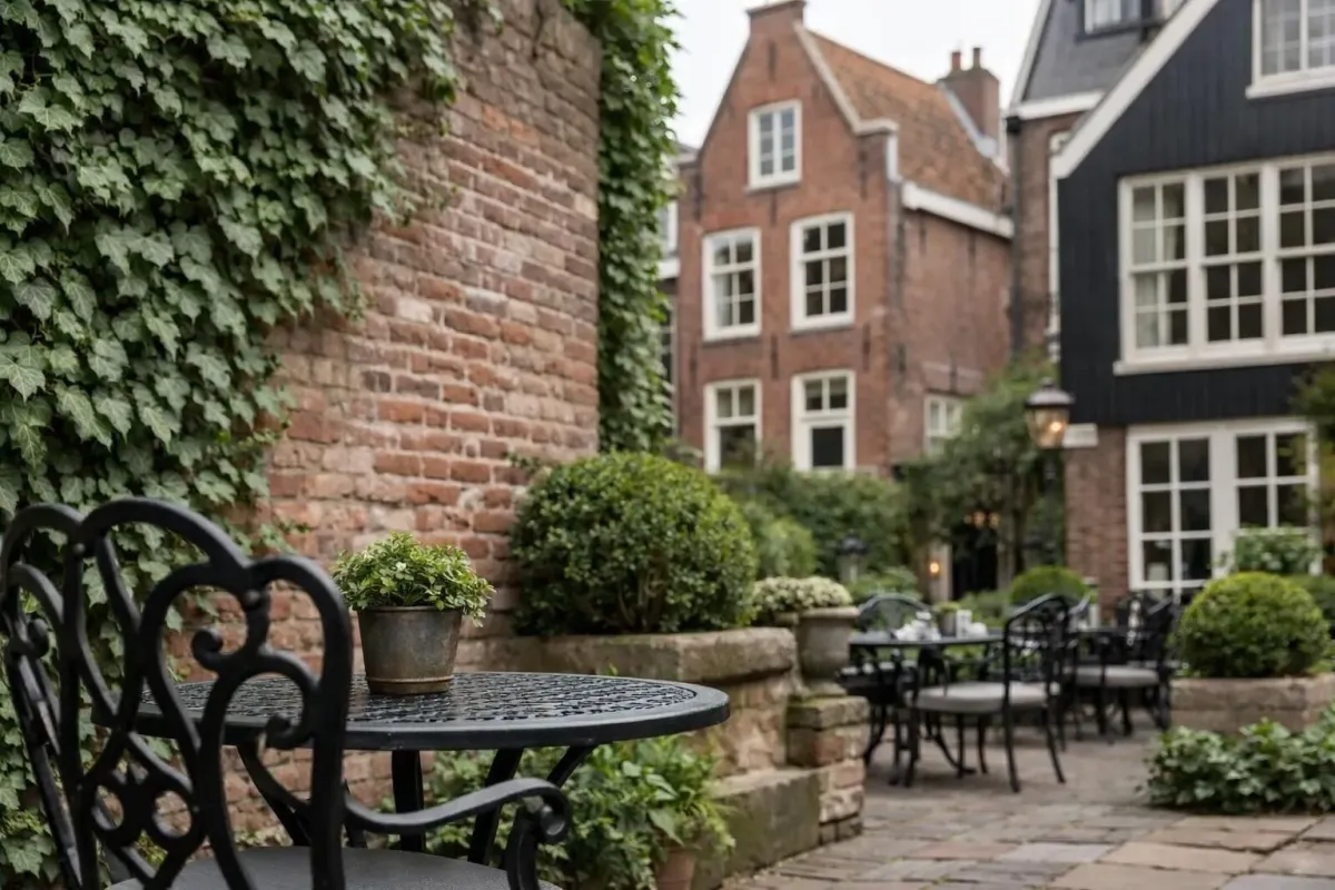Interior courtyard gardens with historic canal houses facades at Pulitzer Amsterdam hotel, showing interconnected 17th century buildings with ivy-covered brick walls, wrought iron furniture, and hidden passages between authentic Dutch architecture in Jordaan district