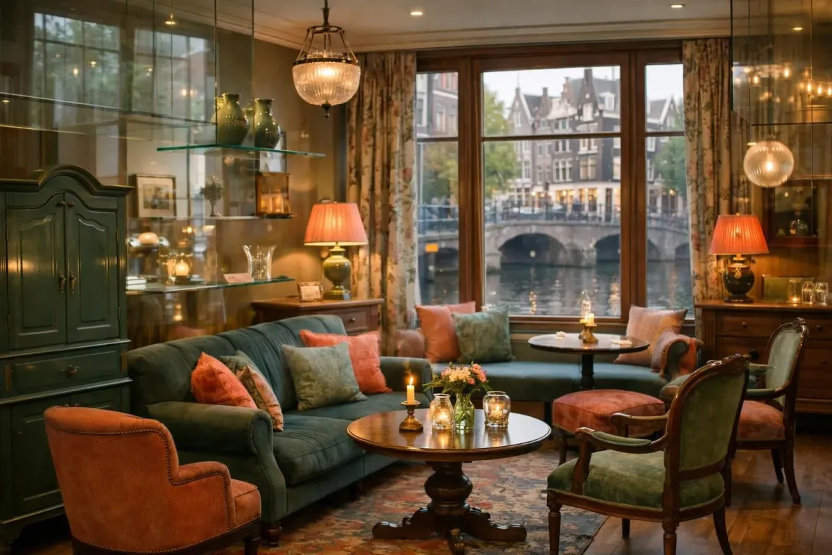 Cozy boutique hotel interior with vintage Dutch furniture and canal view windows in Amsterdam historic building, warm lighting, intimate scale