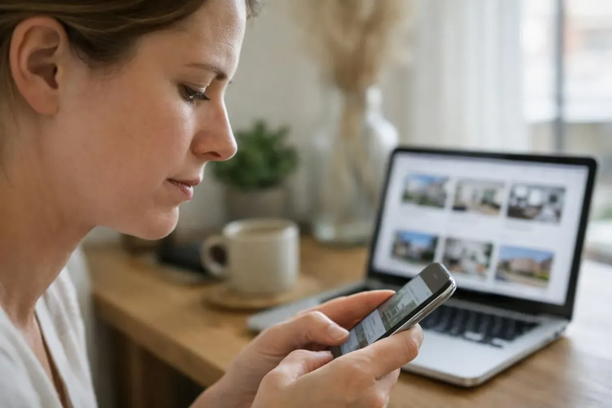 Personne frustrée regardant son téléphone devant un ordinateur portable avec des annonces de logements à Amsterdam, expression déçue, intérieur lumineux moderne, scène authentique de recherche d'appartement difficile aux Pays-Bas