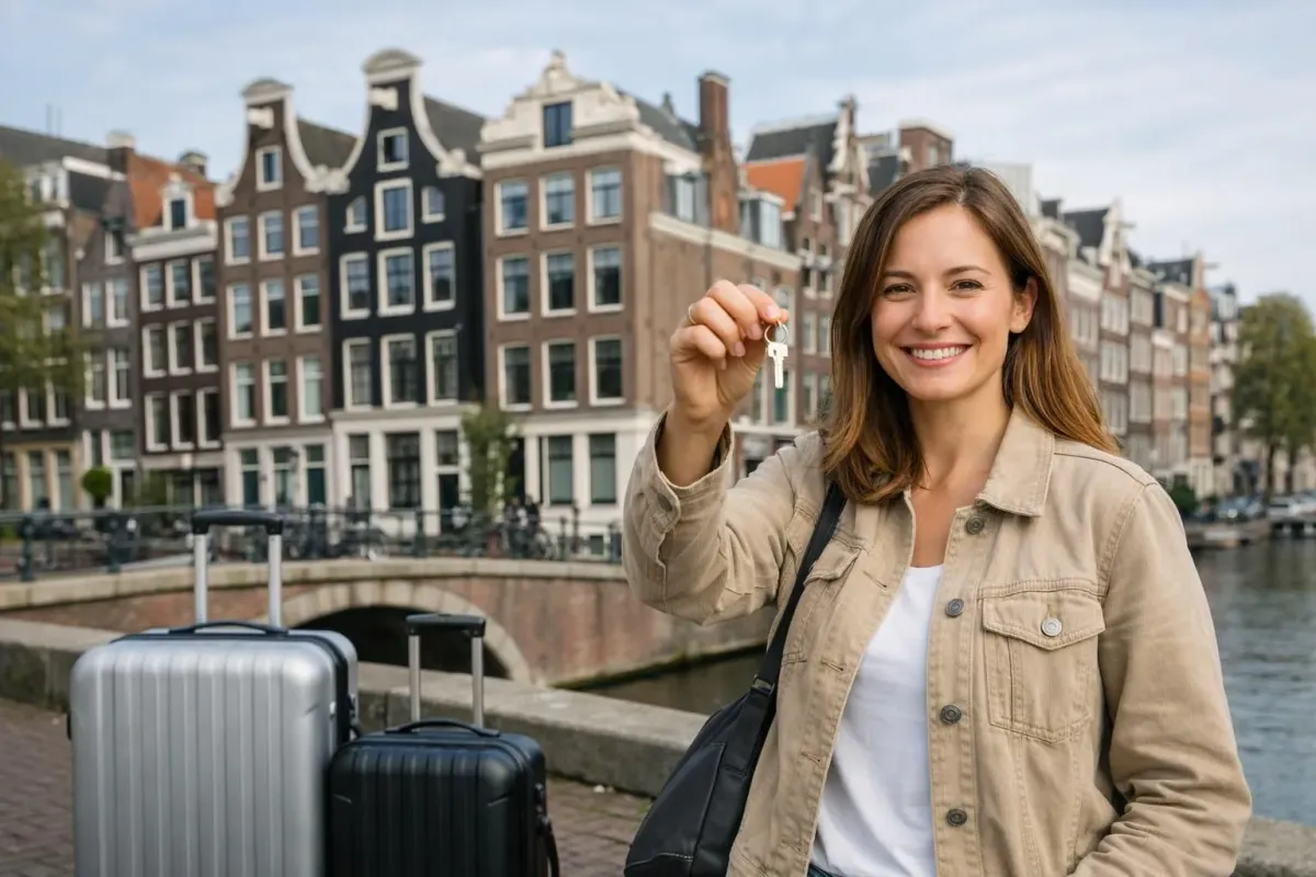 Jeune femme expatriée souriante tenant les clés de son nouvel appartement devant un immeuble typique néerlandais avec des fenêtres à croisillons, valises à ses côtés