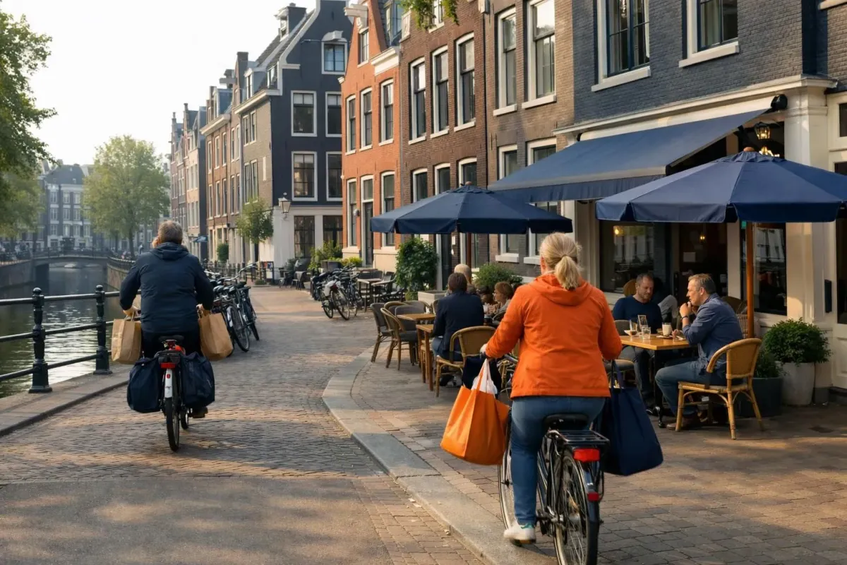 Traditional Dutch residential street with canal houses, local residents cycling with shopping bags, neighborhood cafe with outdoor seating, authentic daily life scene in residential Amsterdam area, natural morning light