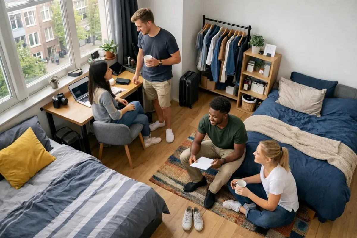 Young international student viewing a cozy shared apartment room in Netherlands with Dutch housemates welcoming them, natural daylight through large windows, friendly atmosphere, modern furnishings visible in background