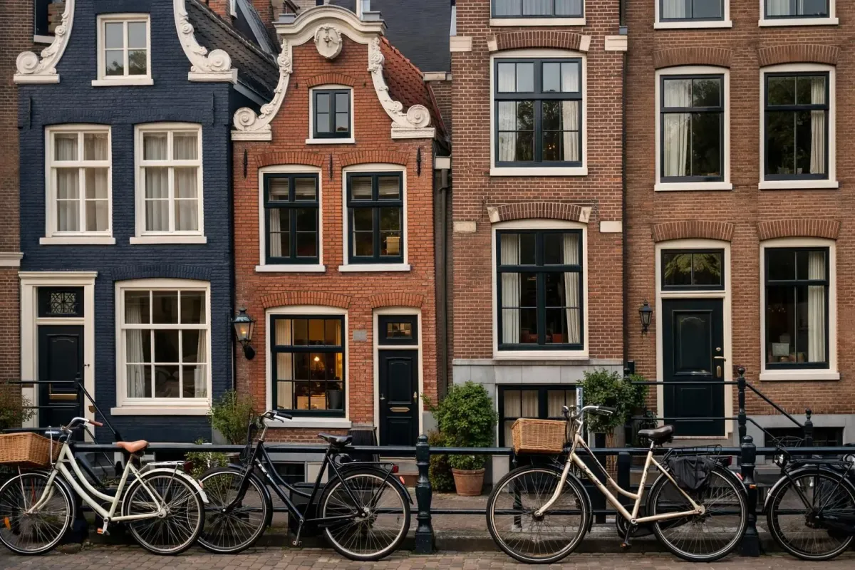 Dutch canal house facades with traditional architecture and bicycles parked along the street, representing authentic local housing in the Netherlands found through rental platforms