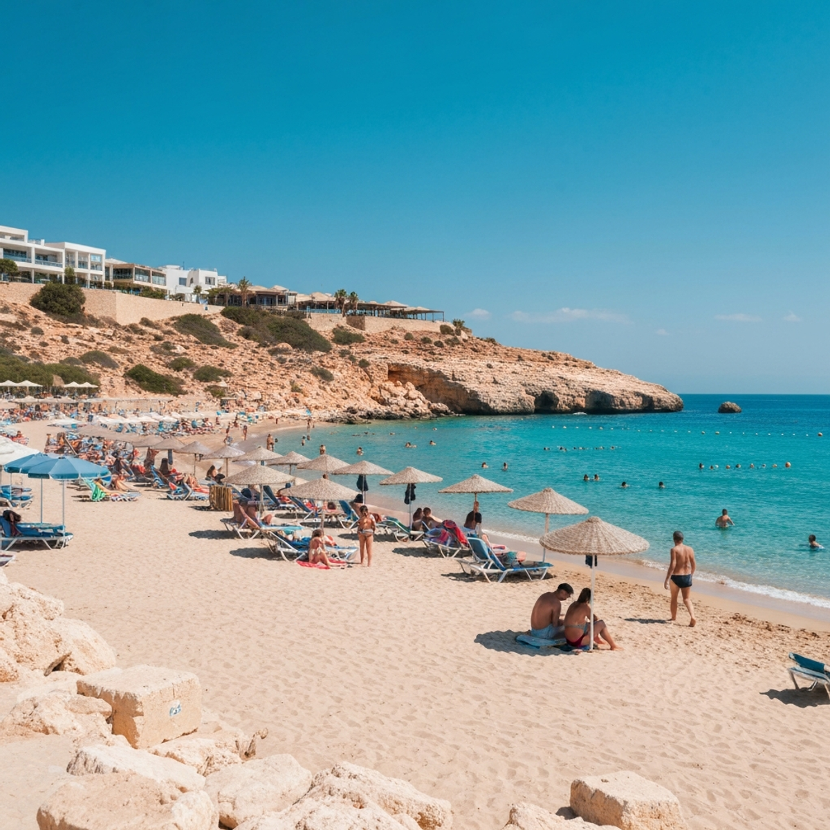 Coral Bay beach in Paphos Cyprus with golden sand, turquoise shallow waters, beach umbrellas, families swimming, and rocky cliffs in background under sunny sky