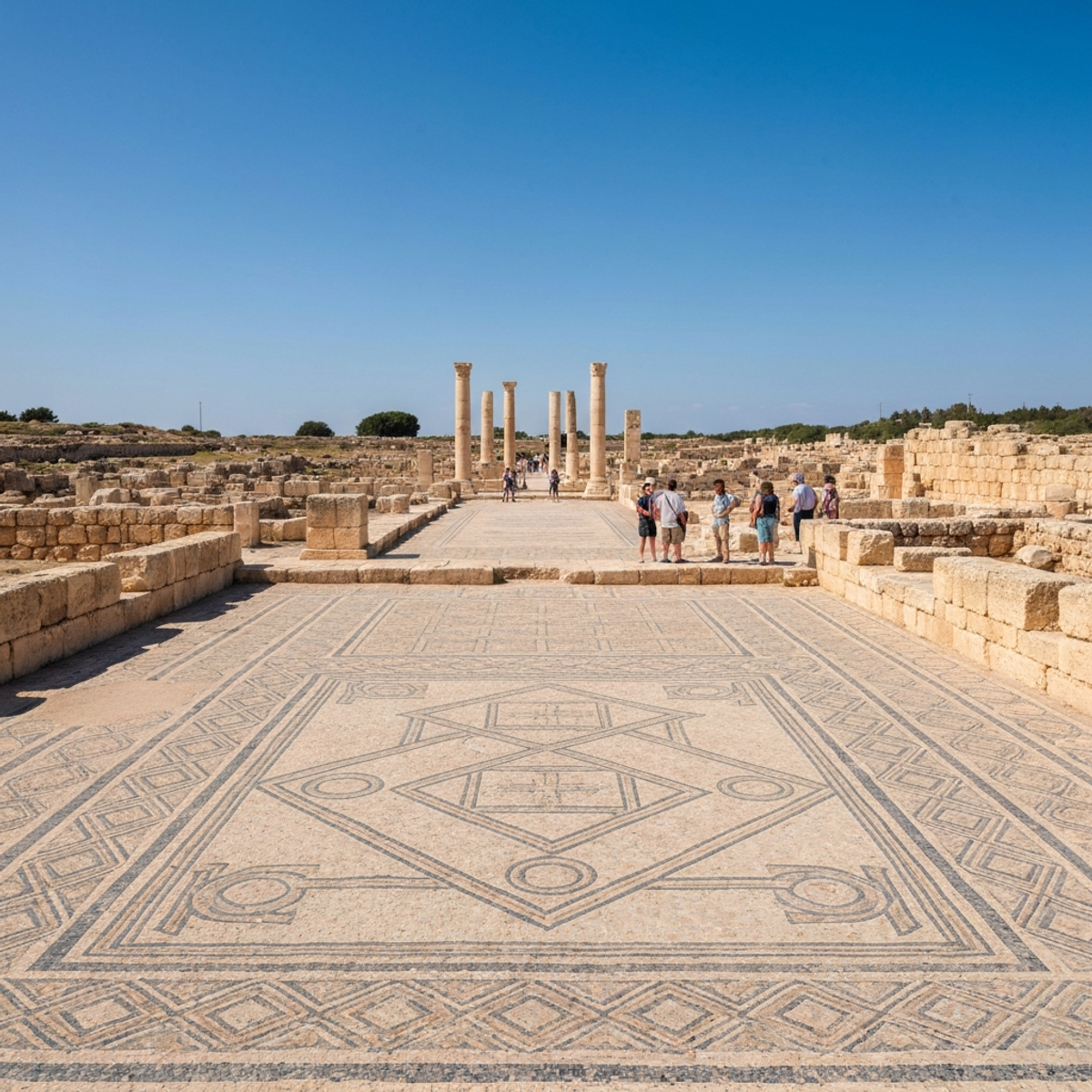 Ancient Roman mosaic floor with intricate geometric patterns and mythological scenes at Paphos Archaeological Park, warm Mediterranean sunlight illuminating detailed tilework, tourists observing in background, coastal Cyprus setting with columns and ruins visible