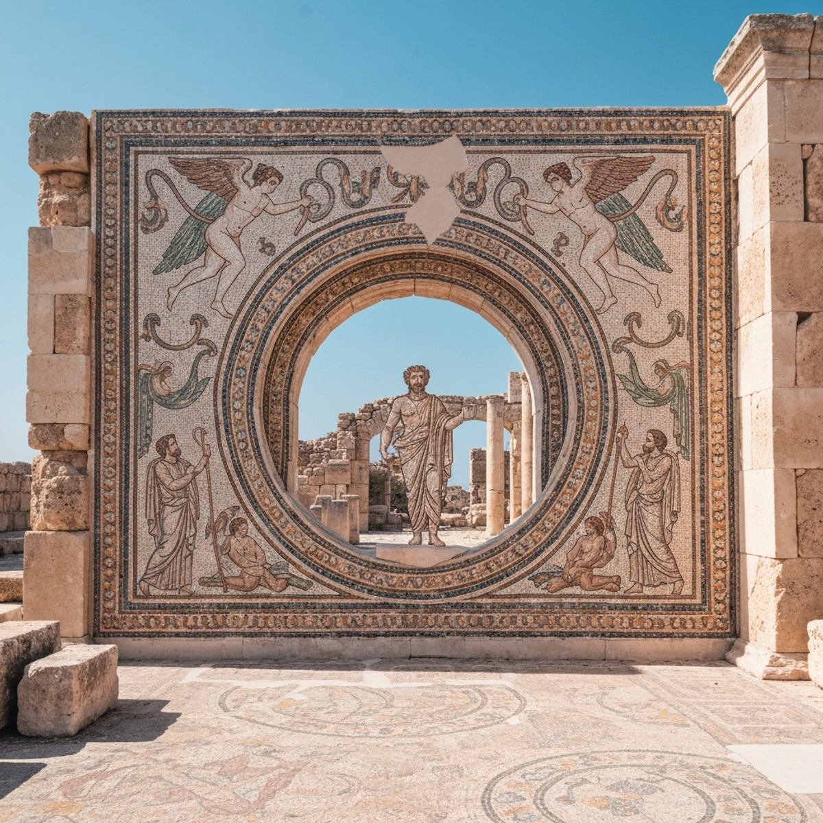 Mosaïque romaine colorée détaillée représentant Dionysos et scènes mythologiques, sol ancien bien préservé avec motifs géométriques, dans ruines archéologiques méditerranéennes sous ciel bleu, contexte de voyage culturel à Paphos Chypre