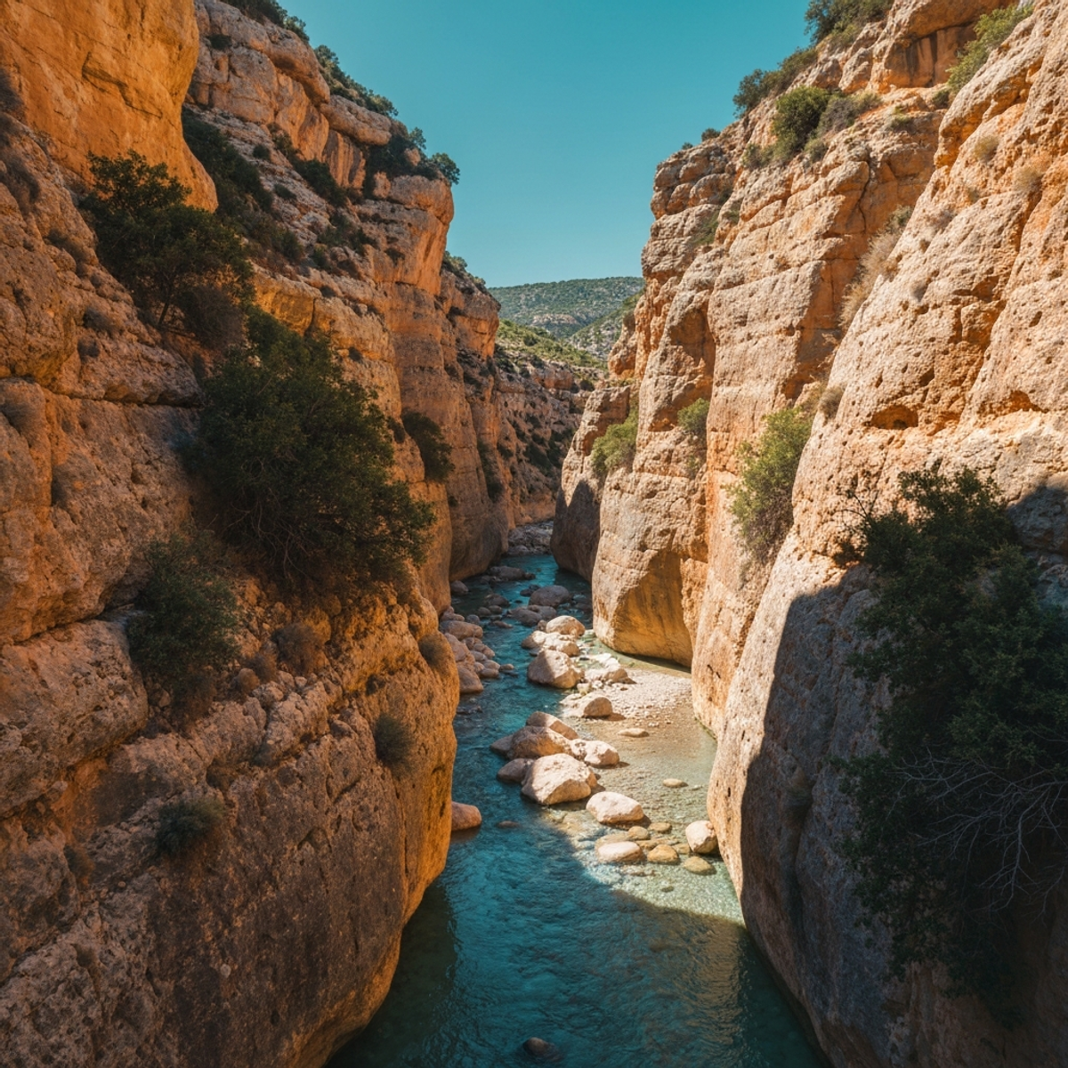 Hikers walking through dramatic narrow rocky gorge with high limestone walls and vegetation, Avakas Gorge in Akamas Peninsula Cyprus, natural canyon landscape with sunlight filtering through