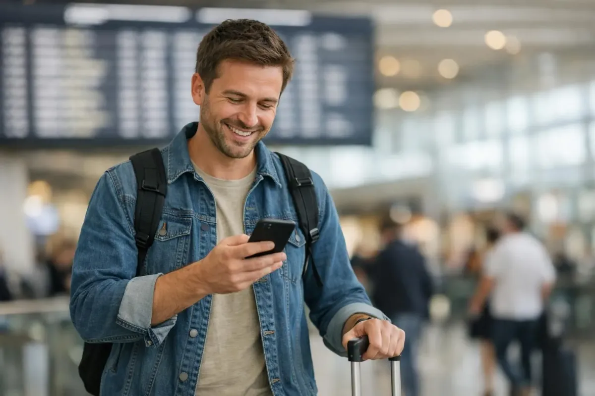 Voyageur souriant consultant son smartphone dans un terminal d'aéroport moderne, panneau d'affichage des départs flou en arrière-plan, ambiance lumineuse et dynamique, scène réaliste capturant l'instant de découverte d'une bonne affaire de vol