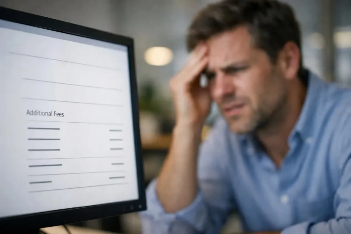 Gros plan sur un écran d'ordinateur montrant une page de réservation de vol avec des frais supplémentaires qui s'ajoutent (bagages, sièges, assurance), expression frustrée d'une personne en arrière-plan, lumière d'écran éclairant son visage, ambiance bureau moderne