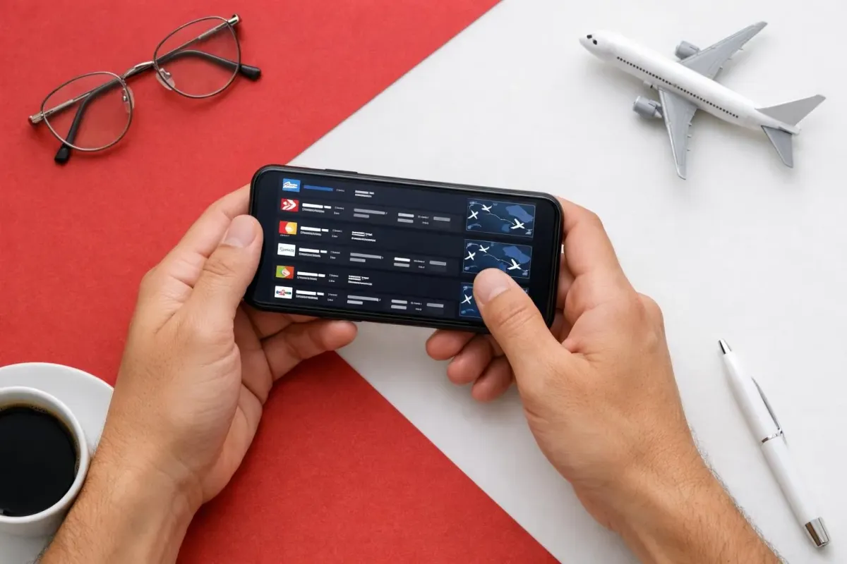 Split-screen smartphone displaying Momondo flight search results with multiple airline logos and route maps showing connecting flights, colorful price comparison bars, person's hands holding phone with travel booking interface visible
