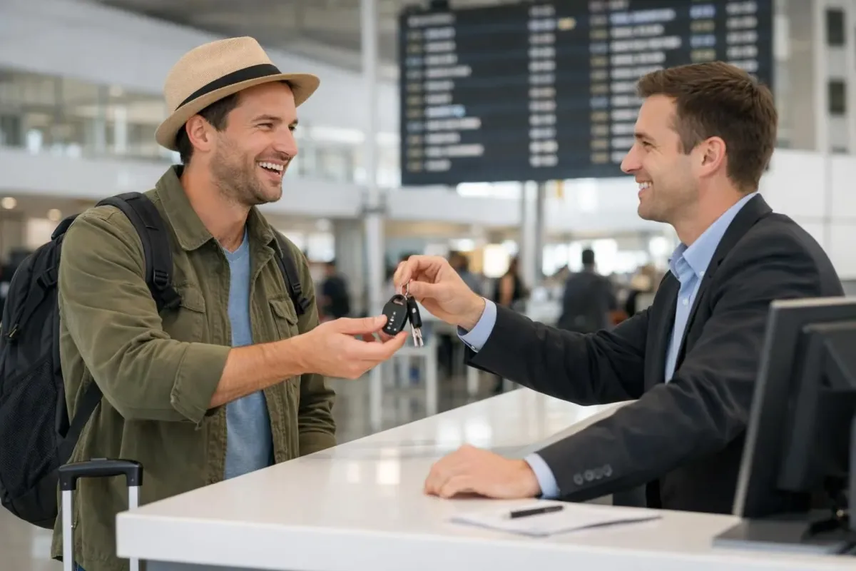 Traveler receiving car keys from rental agent at bright modern Lisbon airport counter, excitement visible on face, luggage nearby, departure board showing Portuguese destinations in background