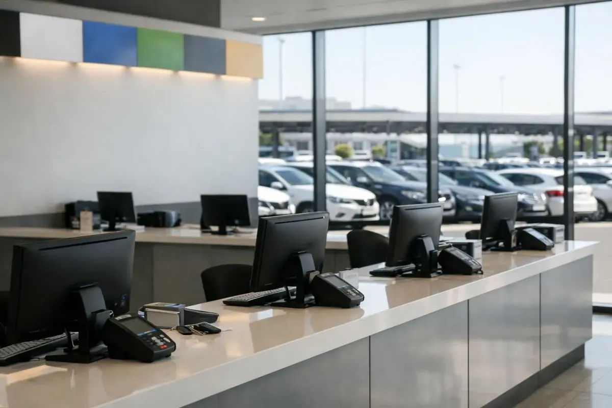 Modern car rental counters at Lisbon airport terminal with various company logos, rental cars visible through large windows in background parking area, bright natural lighting, professional service atmosphere