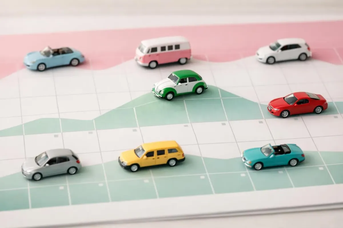 Calendar grid showing different seasons with small toy car figurines positioned on various months, representing seasonal rental price fluctuations in Lisbon