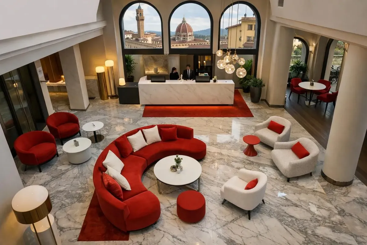 Modern boutique hotel lobby in Florence with contemporary design furniture, warm lighting, Renaissance architectural details visible through windows, Italian marble floors, sleek reception desk, no text or signage visible